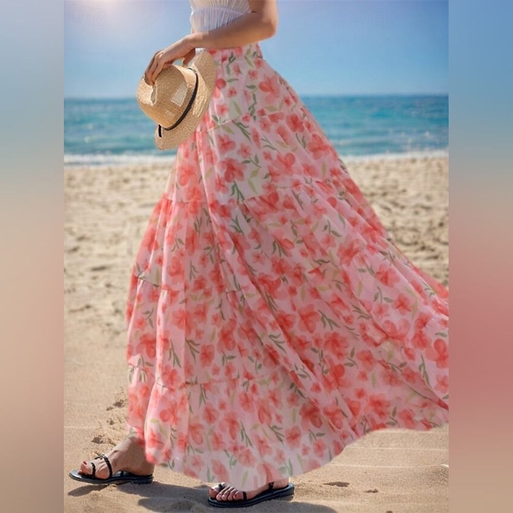 Nwot Floral Watercolor Pink Maxi Tiered Skirt Small Maison Stella